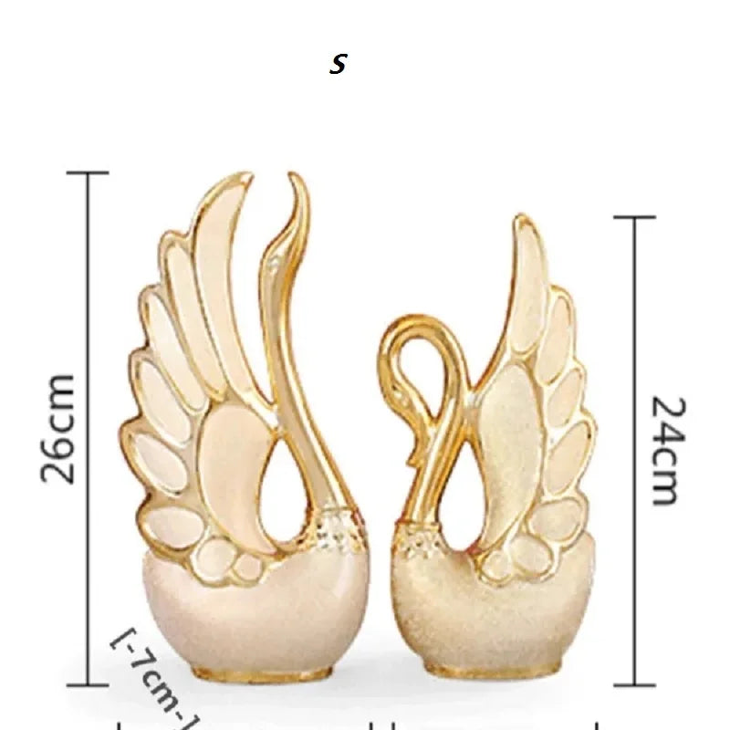 2PCS Gold Swan Lovers Home Decor Ceramic Crafts Porcelain Animal