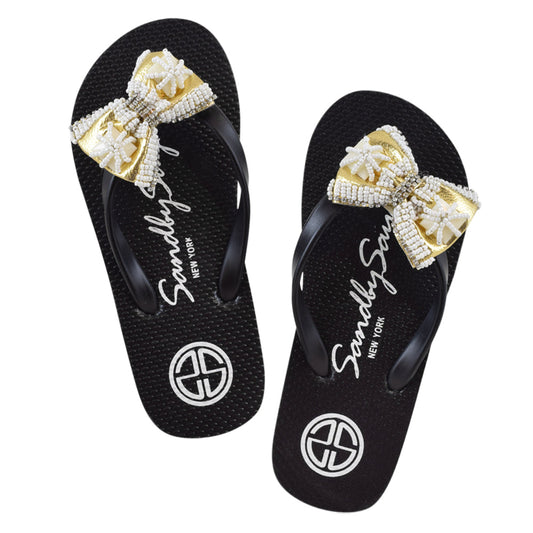 Gold & Pearl Bow  - Big Kids Flip Flops Sandal- Embroidered Motifs