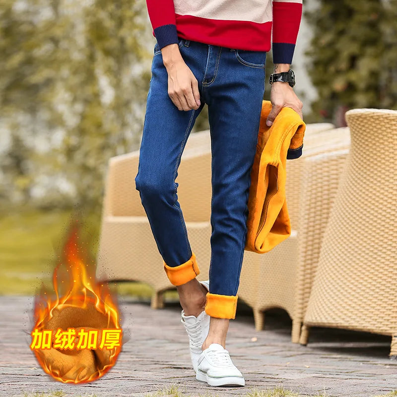 Winter Jeans Men Blue Color Slim Fit Stretch Thick Velvet Pants Warm