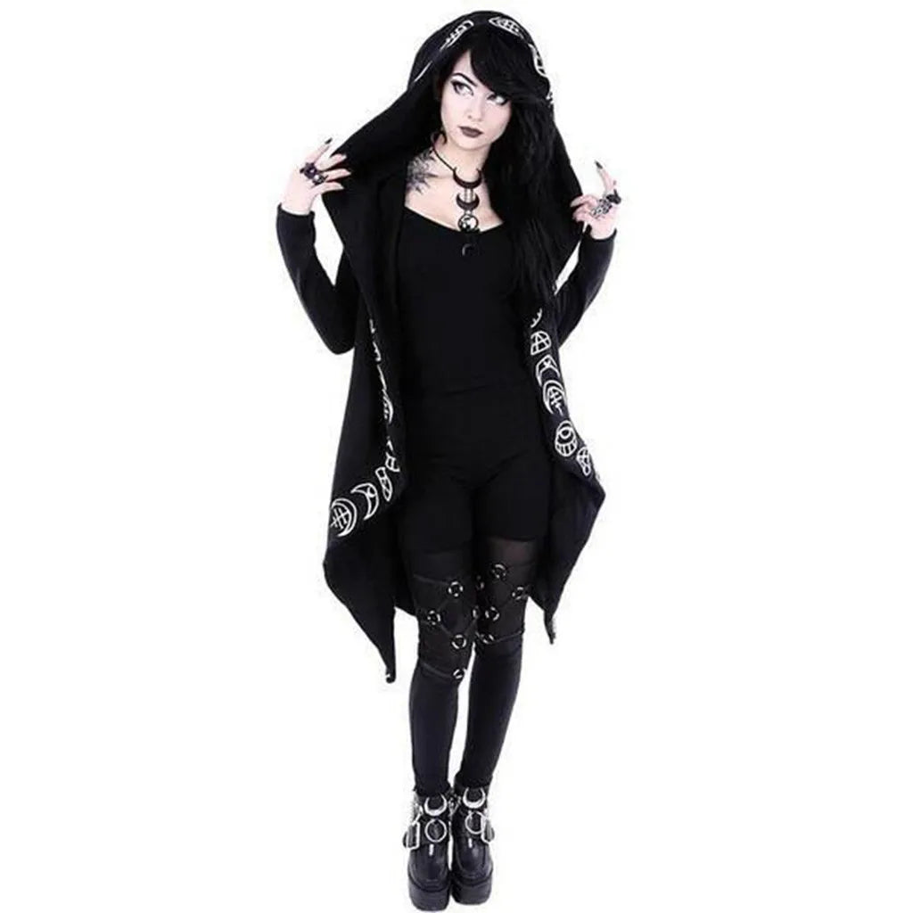 Gothic Punk Black Long Women Hoodies Sweatshirts Moon Print Long Sleeve Hoodie