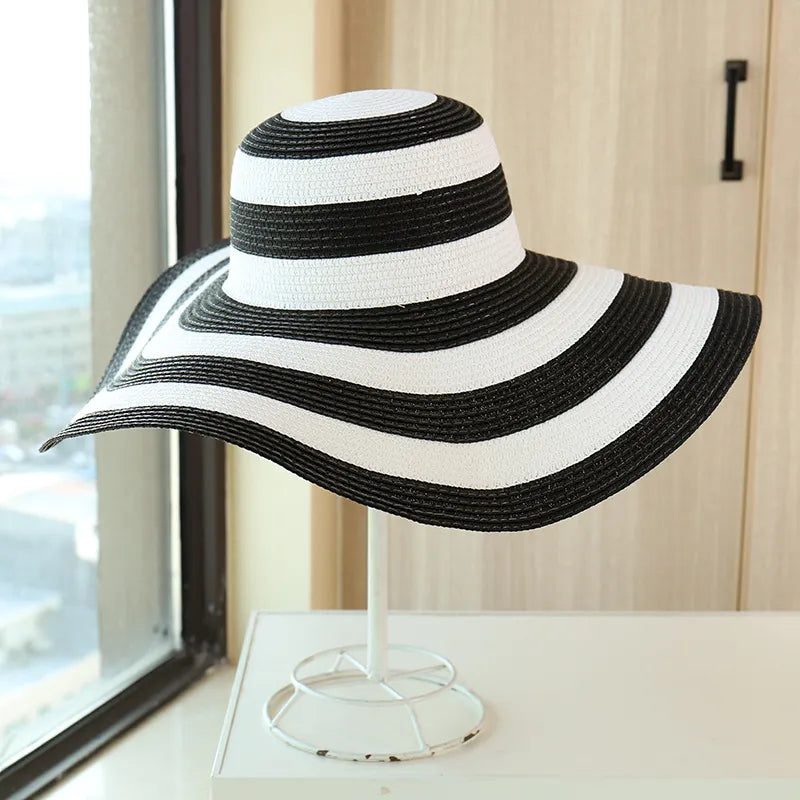 Hot Women's Casual Straw Hats Girls Outdoor Striped Patchwork Paper Sun Hats