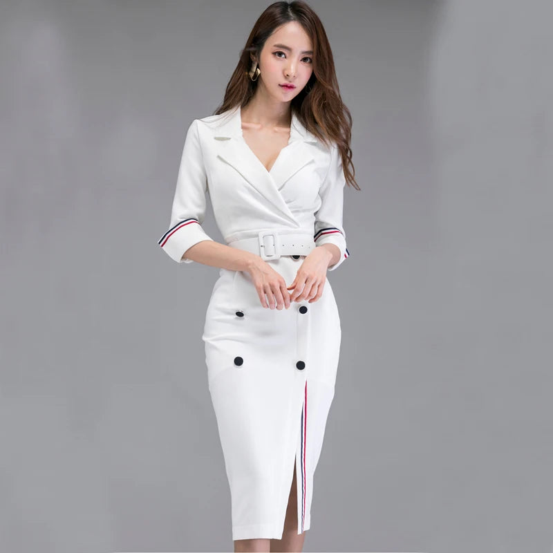 New Autumn Winter Formal Dress Elegant White Half Sleeve Slim