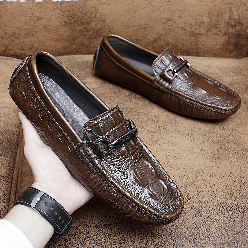 Mens Slip on Moccasins Men's Crocodile Pattern Loafers Genuine Leather Summer