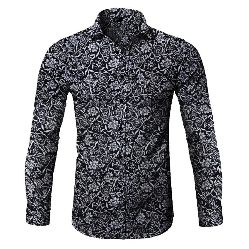 Fashion Men Shirt Long Sleeve Top 2021 Floral Male Blouse Casual Shirts