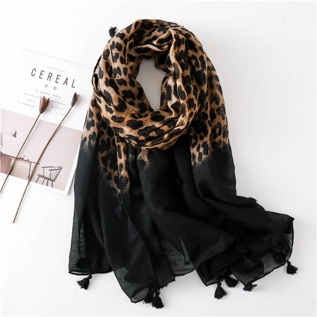 Autumn Winter Leopard Dot Tassel Viscose Shawl Scarf Women Print Neckerchief