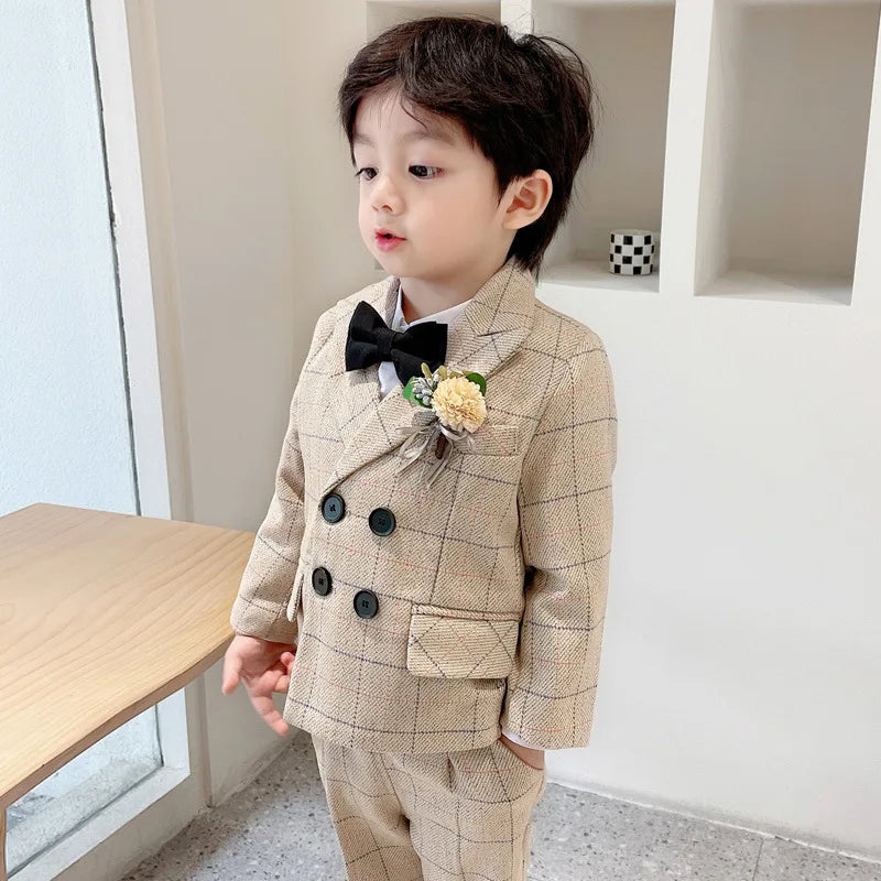 Flower Boys Formal Dress Suit Set Autumn Children Plaid Double Breasted Blazer