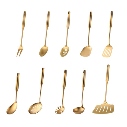 1-10pcs Stainless Steel CookwarLong Handle Set Gold Cooking Utensils Scoop Spoon