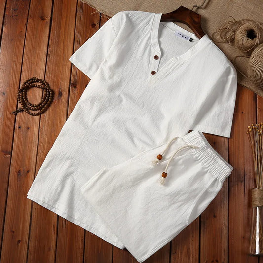 (Shirt + Shorts) 2021 Summer Fashion Men Shirt Cotton and Linen