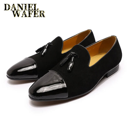 Luxury Loafers Elegant Mens Dress Wedding Office Shoes Suede Patchwork Patent