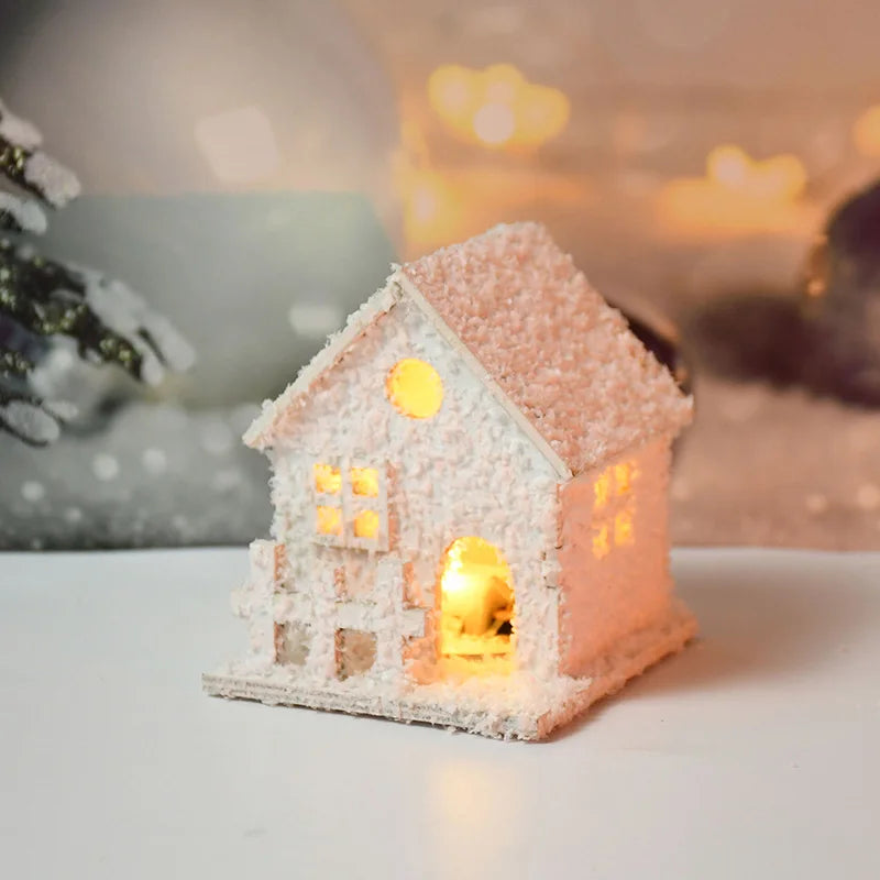 1pc Christmas Ornaments LED Lights Wooden House Luminous Cabin With Snow