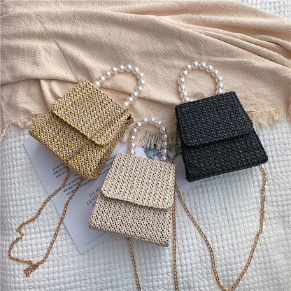 Summer Beach Straw Bag Crossbody Bags for Women 2022 Pearl Woven Rattan Women