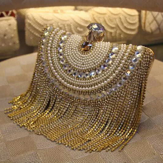 Rhinestones Tassel Clutch Diamonds Beaded Metal Evening Bags Chain Shoulder