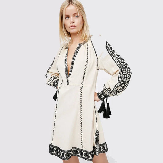 Khale Yose Long Sleeve Ethnic Dress Tassels Boho Hippie