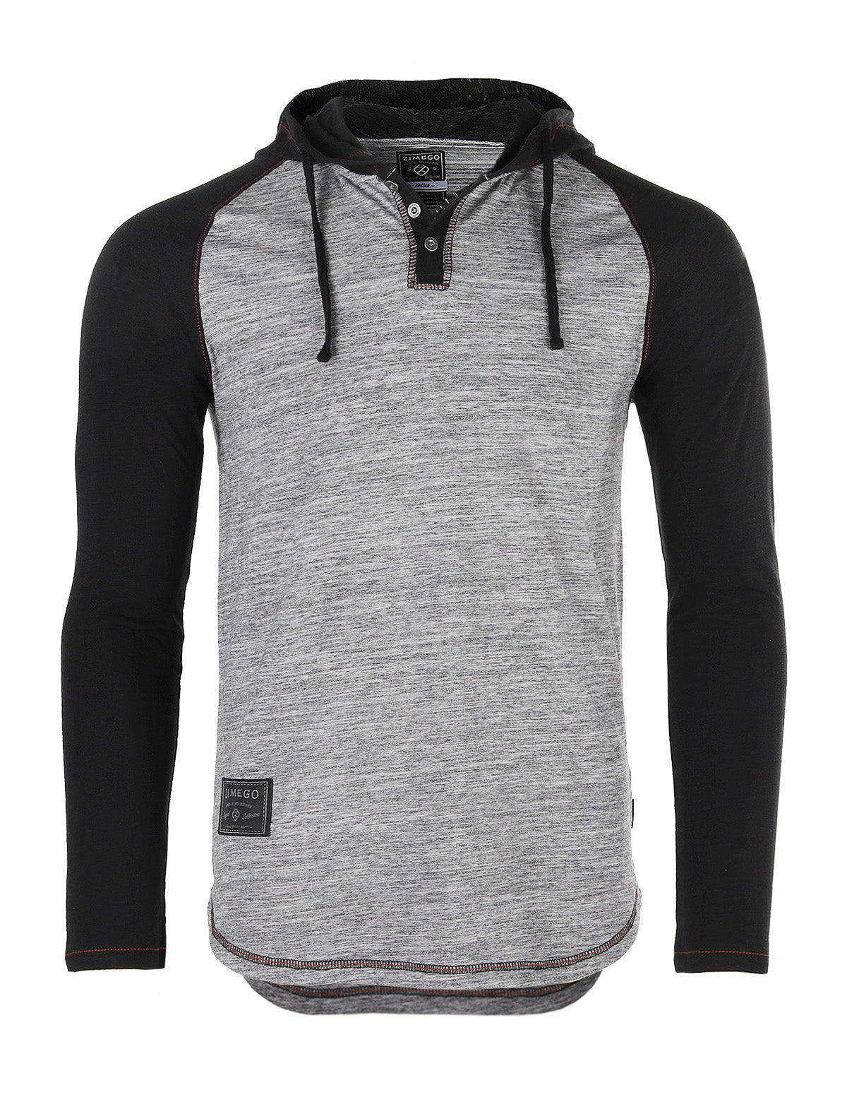 ZIMEGO Long Sleeve Raglan Henley Round Bottom Hood T-Shirts - BLACK / BLACK