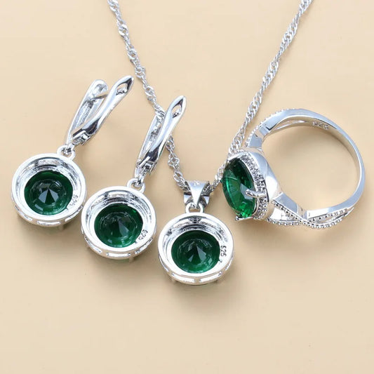 2024 New Trendy 925 Silver Jewelry Sets Green Cubic Zirconia Necklaces