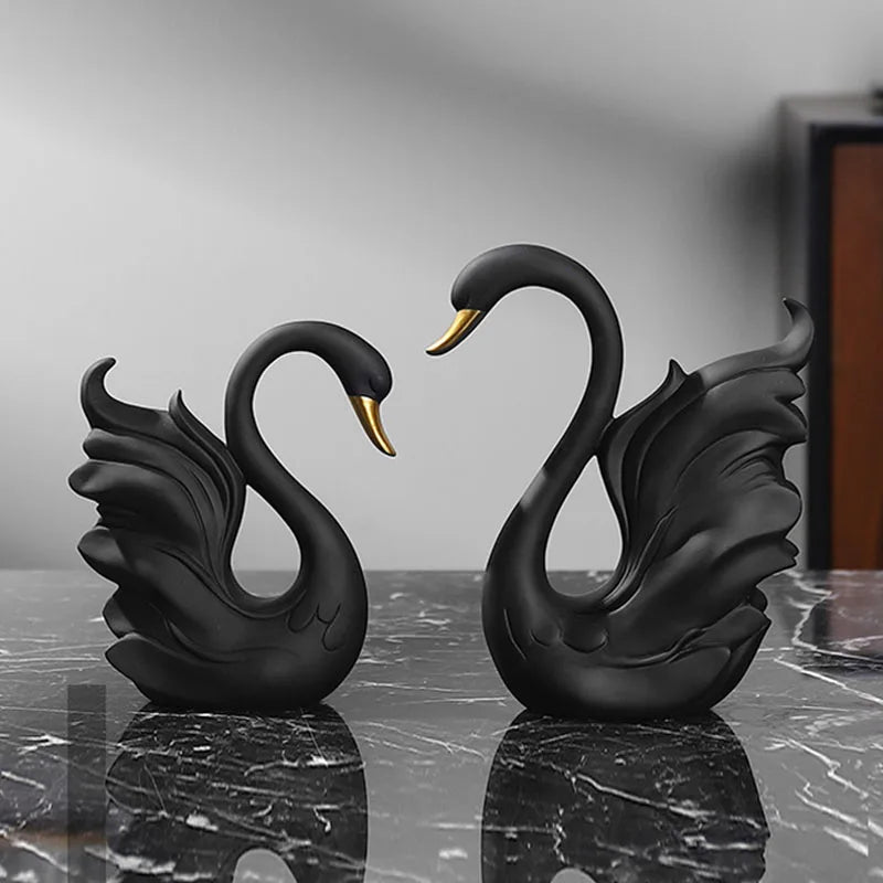 Vilead Pair of Resin Swan Sculptures in Black and White Modern Couple Statue