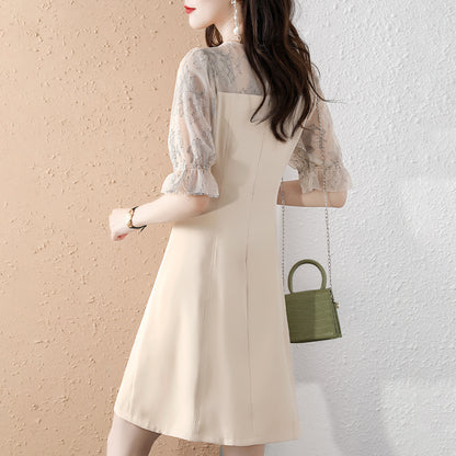 2022 Women Dresses Button Decor Half Puff Mesh Sleeve Korean