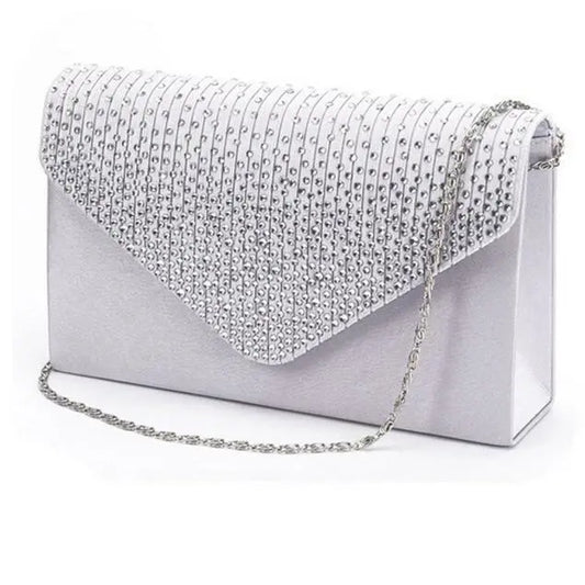 Ladies Satin Clutches Evening Bags Crystal Bling Handbags Wedding Party Purse