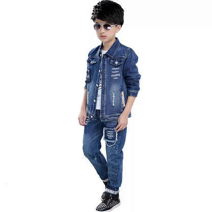 Teenage Boys Denim Clothes Set Autumn Children Jeans Coat and Pants Boys suit