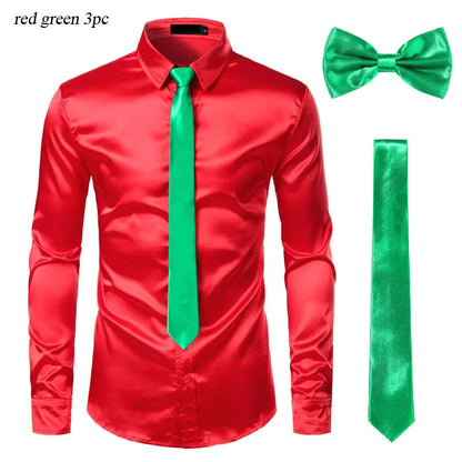 Black Mens Silk Dress Shirts 3Pcs(Shirt +Tie+Bowtie) Smooth Satin Shirt