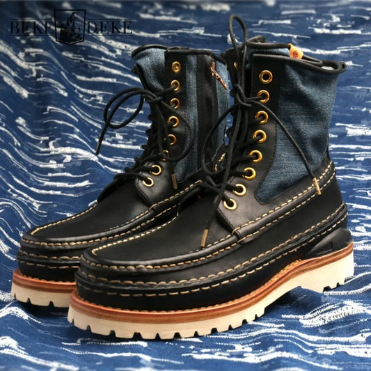 High Quality Handmade Mens Boots Retro Patchwork Genuine Leather Work Boots Men