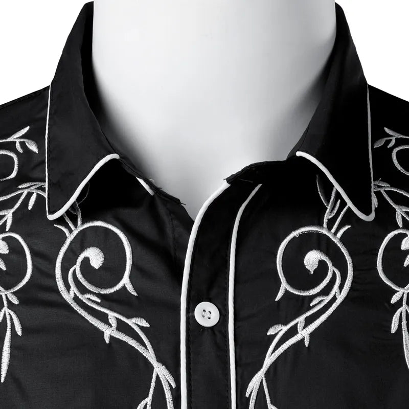 Stylish Western Cowboy Shirt Men Brand Design Embroidery Slim Fit