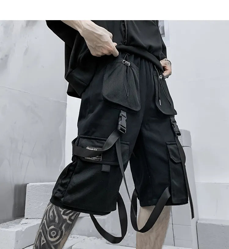 Men Summer Ribbons Hip Hop Cargo Shorts Casual Streetwear Shorts