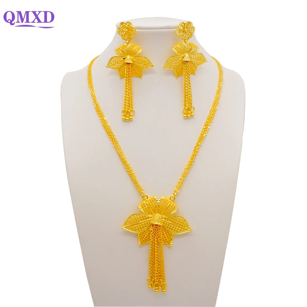 Ethiopian Dubai Gold Color Jewelery Sets for Women Girl Bridal Tassel Flower