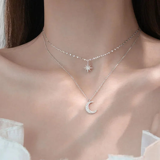 925 Silver Necklace for Women Double Layer Zircon Star Moon Pendant Necklace