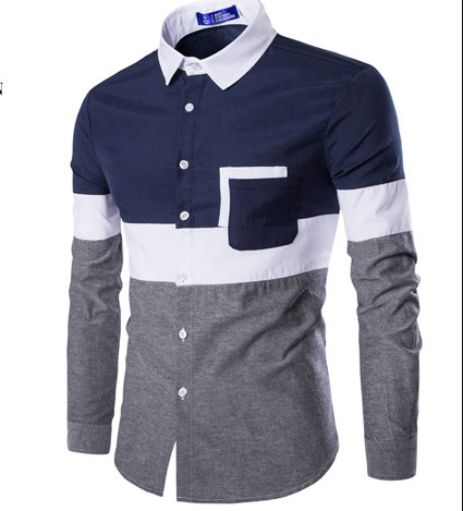 New Mens Fashion Stitching Color Camisa Slim Long Sleeve Shirts