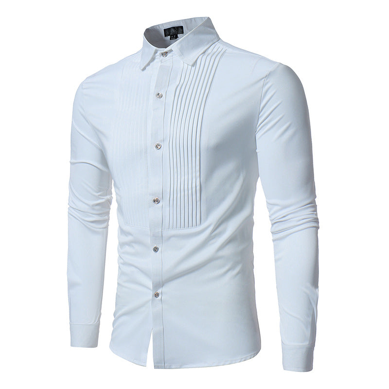 Fashion Long Sleeve Shirt Solid Slim Fit Male Social Casual Business Pleated