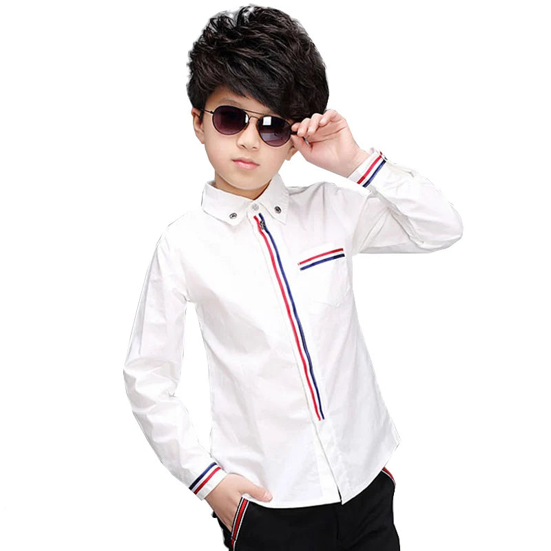 Teenage Boys Shirts Spring Cotton Long Sleeve Solid Shirt Kids White