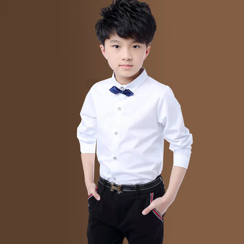 New Children Boys Shirts Cotton Solid Black&White Shirt With Tie Boys for 3-15