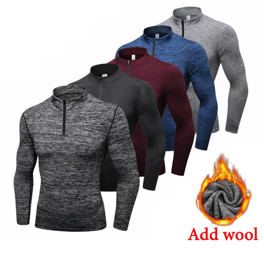 Winter Long Sleeve Zipper Sport Shirt Men , Fitness Tights  Running T Shirt