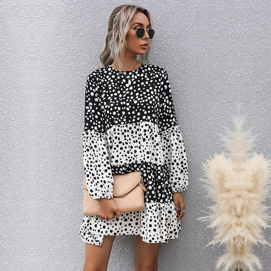 Fashion Dress Women Ladies Long Sleeve Black White Patchwork