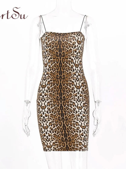 Artsu Leopard Print Spaghetti Straps Mini Dresse Bodycon Tiger Print Sexy