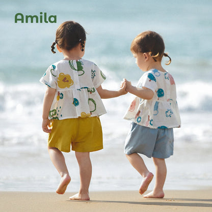 Amila Kids' 2023 Summer New  Baby Girls`Suit Cotton Light Shorts