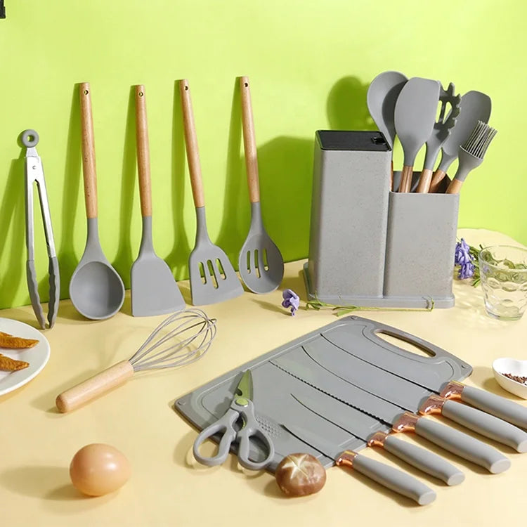 Hot 19-Piece Silicone Kitchen Utensils Set With Wooden Handle Knife Combination