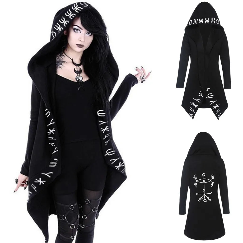 Gothic Punk Black Long Women Hoodies Sweatshirts Moon Print Long Sleeve Hoodie