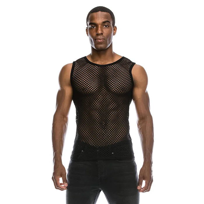 Mens See Through Black Mesh Fishnet Tanks Top Sleeveless Fitted Top Tees