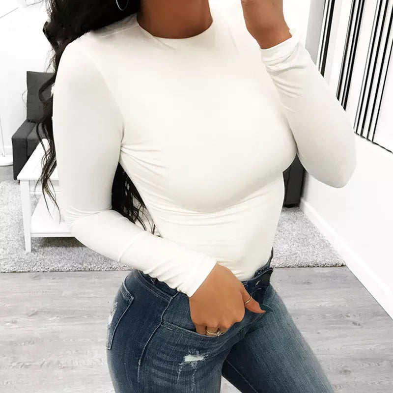 O Neck Long Sleeve Solid White Sexy Bodysuit Women