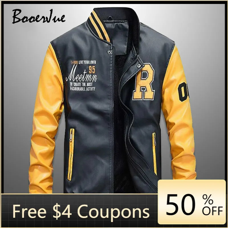 Baseball Jackets Men Slim Fit 2024 Stand Collar Leather Zipper Jacket