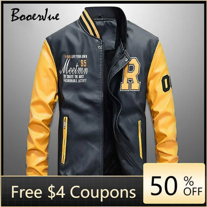 Baseball Jackets Men Slim Fit 2024 Stand Collar Leather Zipper Jacket