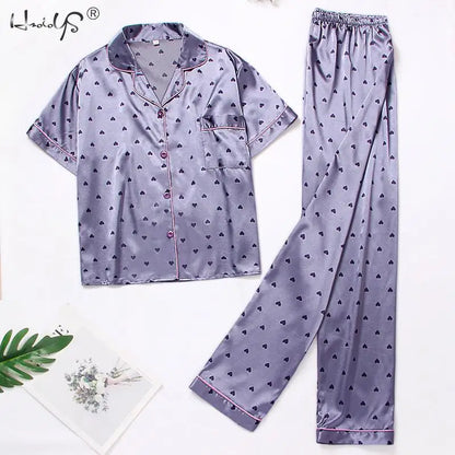 Pyjama Femme 2 Piece Set Women's Short Sleeve Pajamas Autumn Satin Silk