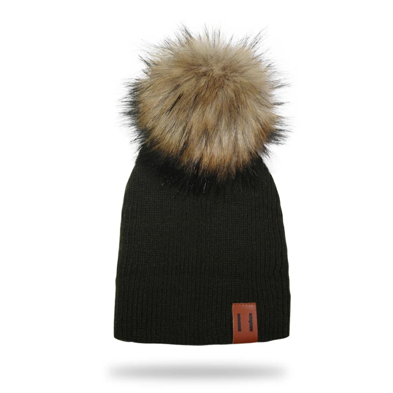 Winter Kids Boy Girl Leather Labled Knitted Artificial Raccoon Pompom Hat