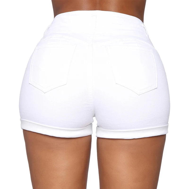 Liooil Cotton Stretchy High Waist Jean Shorts With Pocket Zipper Denim Shorts