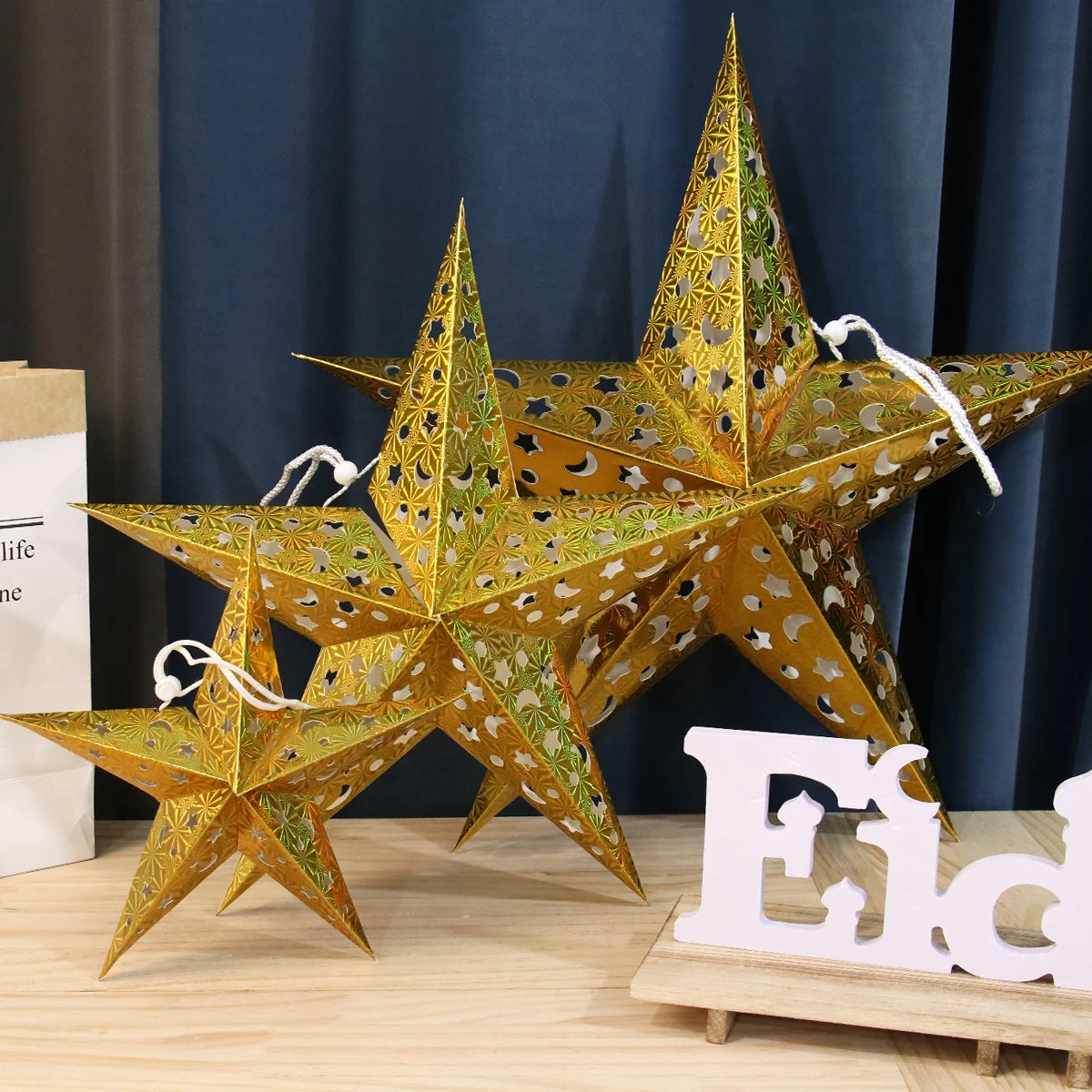 30-75cm Hollow Star Hanging Pendant Eid Mubarak Christmas Decoration 2024