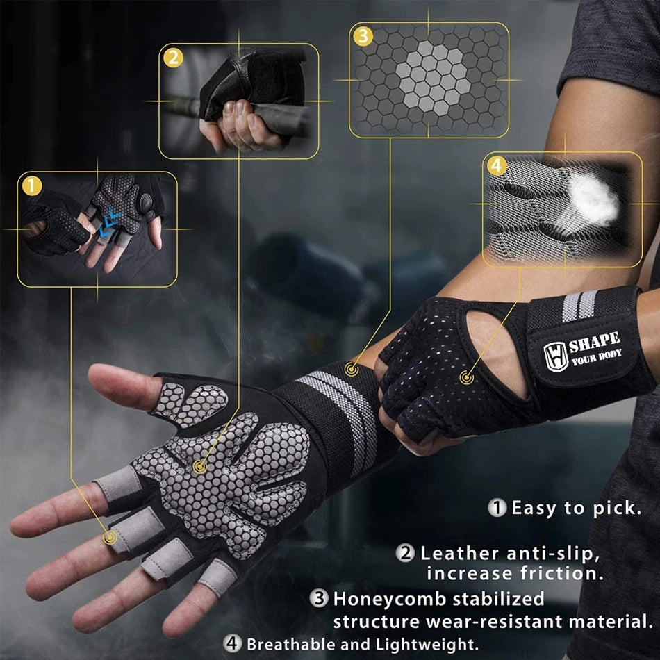 Half Finger Gym Fitness Gloves With Wrist Wrap Support for Crossfit Workout