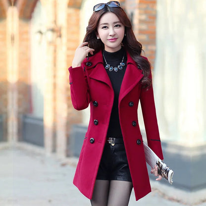 Autumn Winter Women Woolen Long Fashion Slim-Fit Double-Breasted Jacket