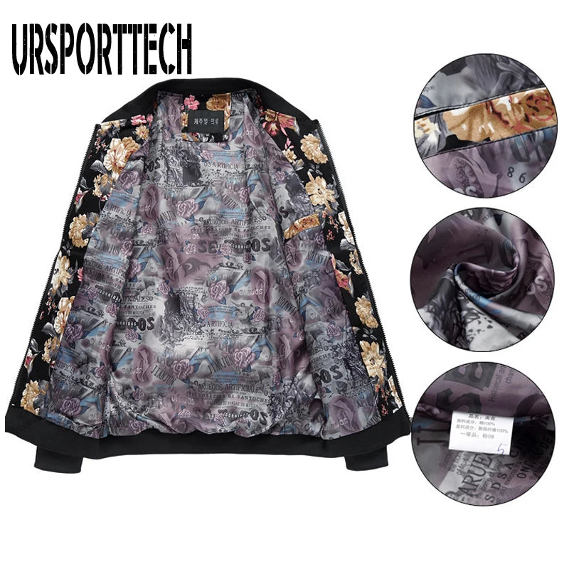 Bomber Jacket Men Spring Autumn Floral Korean Slim Fit Long Sleeve Jackets